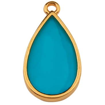 Metal pendant drop, 22.5 x 11.5 mm, Vitraux, glass colour: turquoise , gold-plated