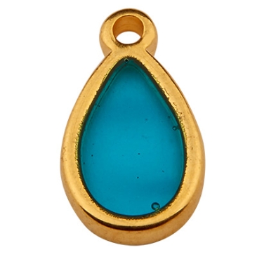 Metal pendant drop, 15 x 8.5 mm, Vitraux, glass colour: turquoise, gold-plated