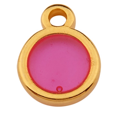 Pendentif métal rond, 8,0 mm, Vitraux, couleur du verre : fuchsia , doré