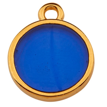 Pendentif métal rond, 11,5 mm, Vitraux, couleur du verre : bleu foncé, doré