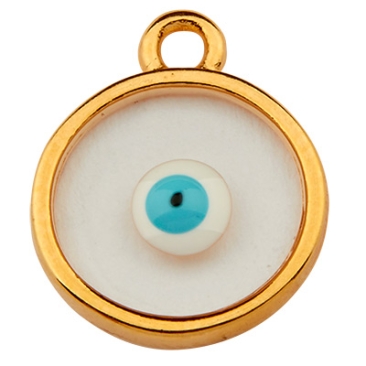 Pendentif métal rond, 11,5 mm, Vitraux, couleur du verre : transparent avec oeil , doré