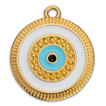 Metal pendant round, with eye motif, enamelled, 18 x 20.5 mm, gold-plated