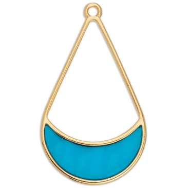 Metal pendant drop, Vitraux, glass colour: turquoise blue, 24 x 41.5 mm, gold-plated