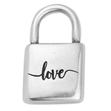 Metal pendant padlock with writing "Love", 14 x 24 mm, silver-plated