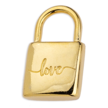 Metal pendant padlock with writing "Love", 14 x 24 mm, gold-plated