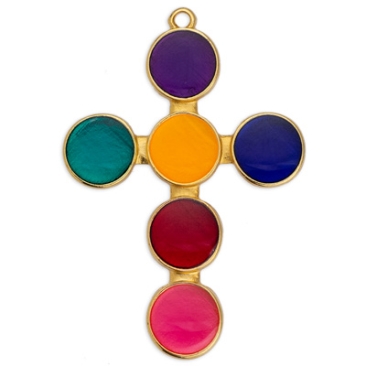 Metal pendant cross, enamelled, 34 x 40.5 mm,gold-plated