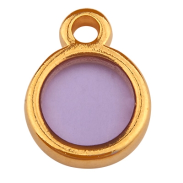 Metal pendant mini charm round, Vitraux, glass colour: purple, 8 x 11 mm, gold-plated