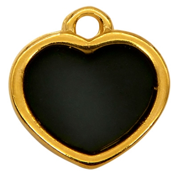 Metal pendant mini charm heart, Vitraux, glass colour: dark grey, 11 x 12 mm, gold-plated
