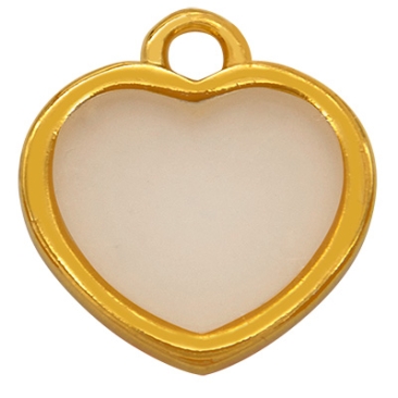 Metal pendant mini charm heart, Vitraux, glass colour: white opal, 11 x 12 mm, gold-plated