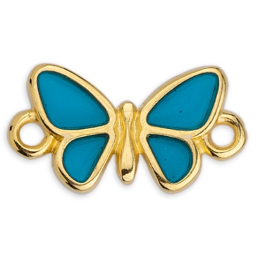 Bracelet connector butterfly, Vitraux, glass colour: turquoise blue, 17 x 9.5 mm, gold-plated