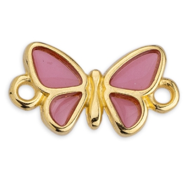 Connecteur de bracelet papillon, Vitraux, couleur du verre : rose, 17 x 9,5 mm, doré