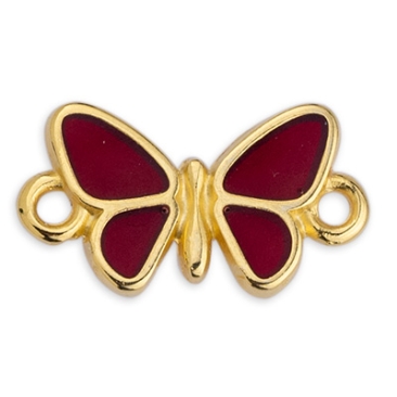 Bracelet connector butterfly, Vitraux, glass colour: red, 17 x 9.5 mm, gold-plated