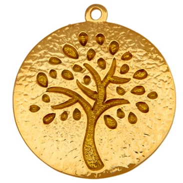 Metal pendant disc, tree motif yellowish enamelled, 54.5 mm x 48.5 mm, gold-plated