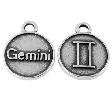 Pendentif métal signe astrologique Gémeaux, diamètre 12 mm, argenté