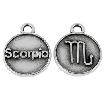 Pendentif métal signe astrologique scorpion, diamètre 12 mm, argenté
