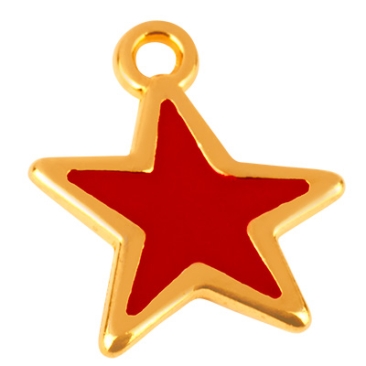 Metal pendant star enamelled red, diameter 15 mm, gold plated