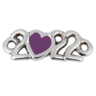 Bracelet connector number 2022 enamelled dark purple, 16x7 mm, silver plated