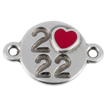 Bracelet connector number 2022 enamelled magenta, diameter 14 mm, silver-plated
