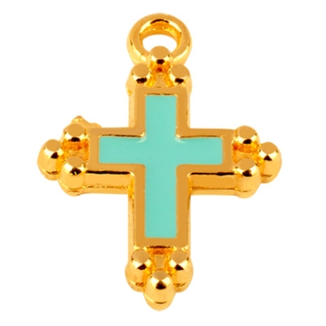 Pendentif croix en métal émaillé bleu clair, 14x12 mm, doré