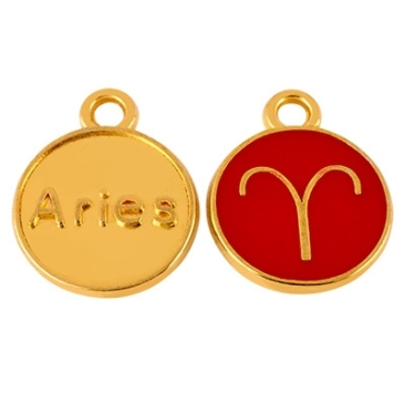 Metal pendant zodiac sign Aries, diameter 12 mm, gold-plated, enamelled coral-coloured