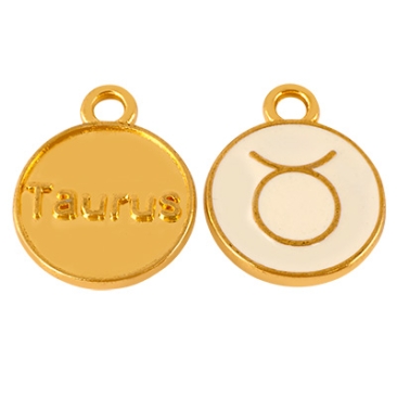 Metal pendant zodiac sign Taurus, diameter 12 mm, gold-plated, enamelled white