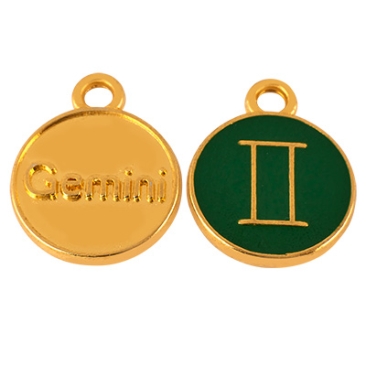 Metal pendant zodiac sign Gemini, diameter 12 mm, gold-plated, enamelled dark green