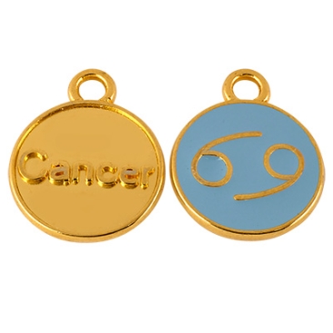 Metal pendant zodiac sign Cancer, diameter 12 mm, gold-plated, enamelled aqua