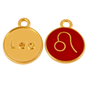 Metal pendant star sign lion, diameter 12 mm, gold-plated, enamelled rust