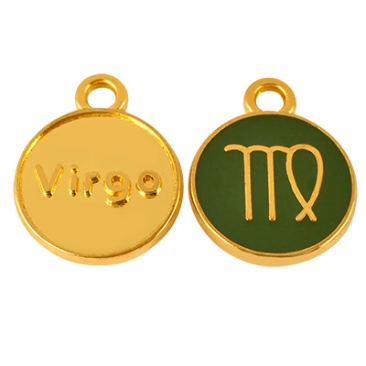 Pendentif métal signe astrologique vierge, diamètre 12 mm, doré, émaillé kahki