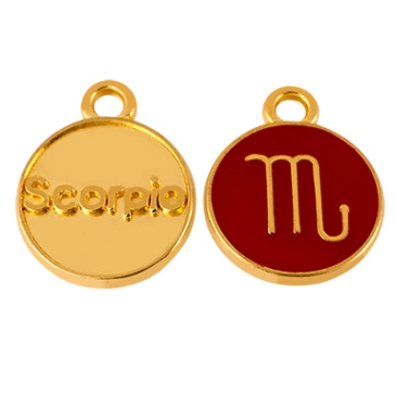 Pendentif métal signe astrologique scorpion, diamètre 12 mm, doré, émaillé rouge cerise