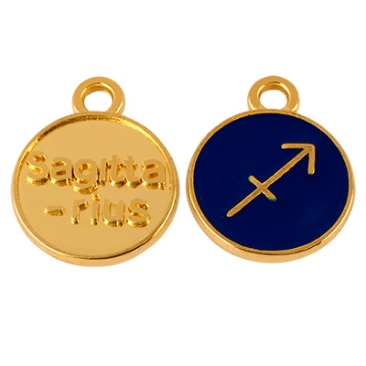 Metallanhänger Sternzeichen Schütze, Durchmesser 12 mm, vergoldet, emailliert dunkelblau