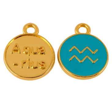 Metallanhänger Sternzeichen Wassermann, Durchmesser 12 mm, vergoldet, emailliert türkisblau