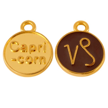 Metal pendant star sign Capricorn, diameter 12 mm, gold-plated, enamelled brown