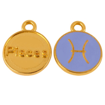 Metal pendant star sign Pisces, diameter 12 mm, gold-plated, enamelled light purple