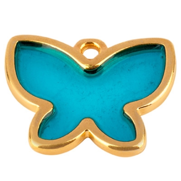 Metalen hanger vlinder geëmailleerd turkoois, 17x13 mm, verguld