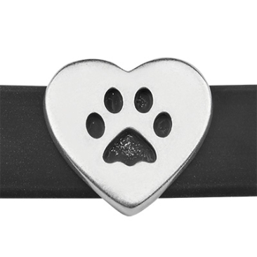 Slider heart, motif paw, hole diameter 10 x 2.5 mm. silver-plated