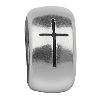 Metal bead roundel with cross, silver-plated, 3.5 x 6.5 mm