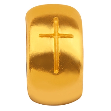 Metal bead roundel with cross, gold-plated, 3.5 x 6.5 mm
