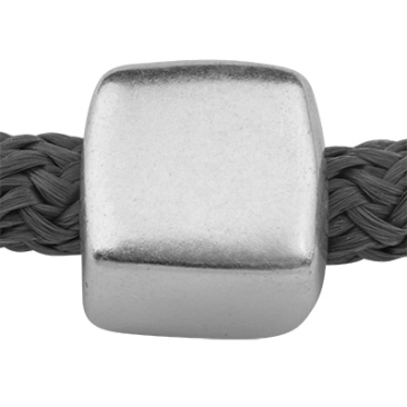 Perle en métal, cube, pour corde de 5 mm, argentée, 10,5 x 10,5 mm