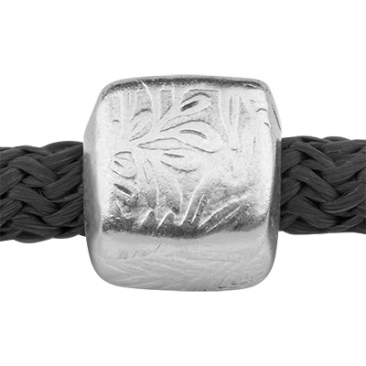 Metal bead cube, flower pattern, for 5 mm rope, silver plated, 10 x 10.0 mm