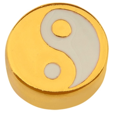 Metal bead round, motif Ying Yang, gold-plated, enamelled, 9.5 x 9.0 mm