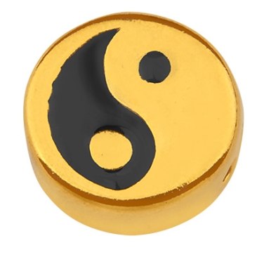 Perle métallique ronde, motif Ying Yang, doré, émaillé, 9,5 x 9,0 mm