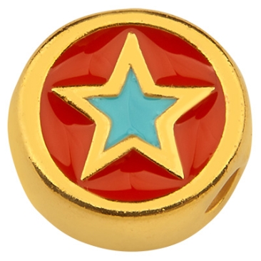 Metal bead round, motif star, gold-plated, enamelled, 9.5 x 10.0 mm