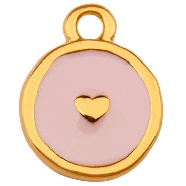 Pendentif métal rond, motif coeur, doré, émaillé, 12 x 9,5 mm