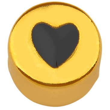 Metal bead round, motif heart, gold-plated, enamelled, 9 x 9.5 mm