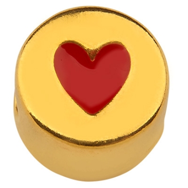 Perle métallique ronde, motif coeur, doré, émaillé, 9 x 9,5 mm