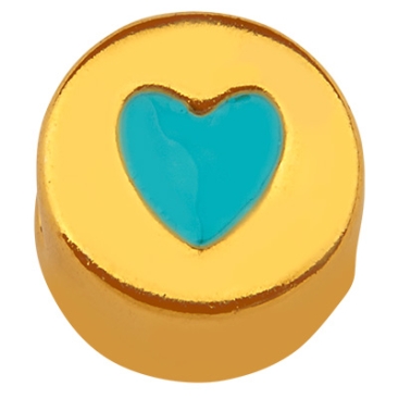 Metal bead round, motif heart, gold-plated, enamelled, 9 x 9.5 mm