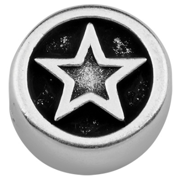 Perle métallique ronde, motif étoile, argentée, 10 x 10,0 mm