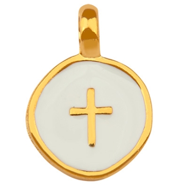 Pendentif métal rond, motif croix, doré, émaillé, 19 x 13,5 mm