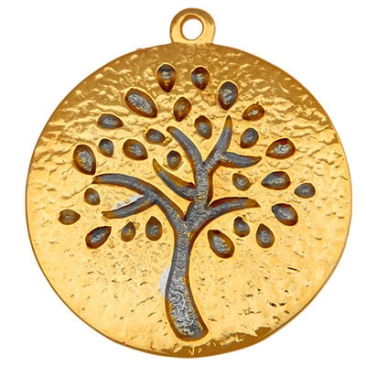 Metal pendant disc, tree motif bluish enamelled, 54.5 mm x 48.5 mm, gold-plated